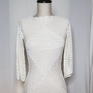 Olivaceous Ivory Crocheted Midi Dress Open Back Longsleeve Side Slit Size Medium